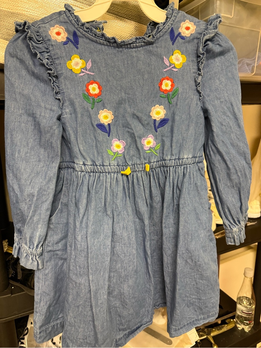 Boden Blue Denim-Look Dress with Multicolor Floral Embroidery